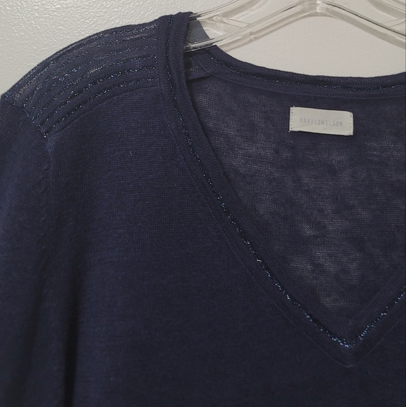 Harris Wilson Navy Blue Linen Knit V-neck Sweater Size Large Long Sleeve Logo . - Picture 2 of 15